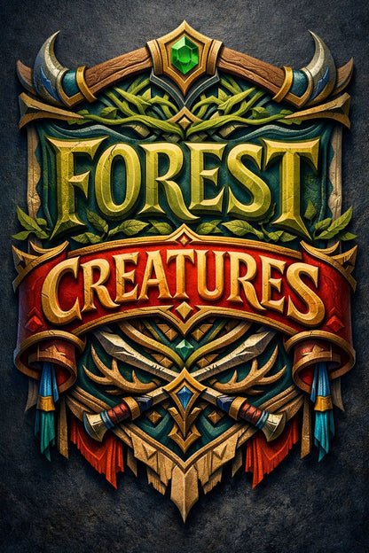 Fantasy-style mythic banner text emblem with ornate crests, gemstones, and heroic typography: Forest Creatures