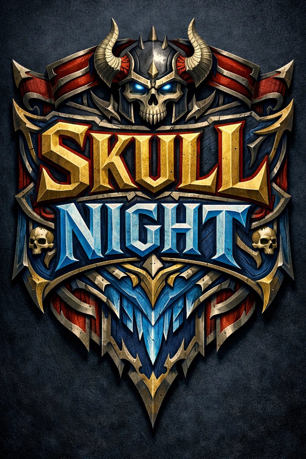 Fantasy-style mythic banner text emblem with ornate crests, gemstones, and heroic typography: Skull Night