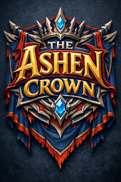 Fantasy-style mythic banner text emblem with ornate crests, gemstones, and heroic typography: The Ashen Crown