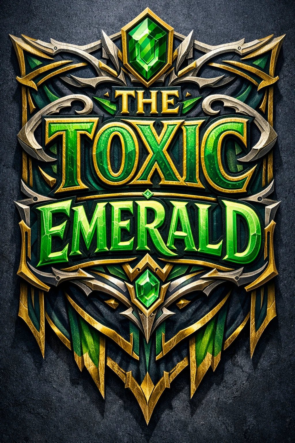 Fantasy-style mythic banner text emblem with ornate crests, gemstones, and heroic typography: The Toxic Emerald
