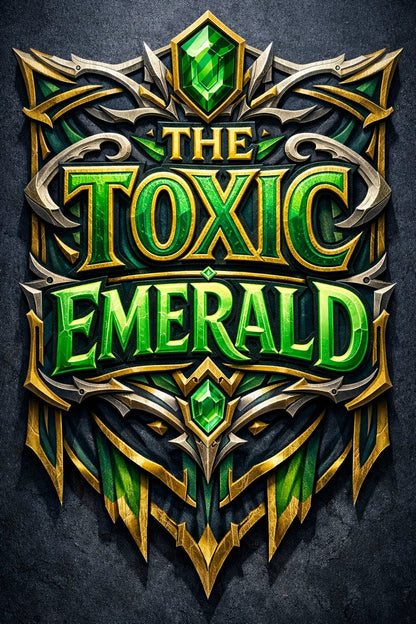 Fantasy-style mythic banner text emblem with ornate crests, gemstones, and heroic typography: The Toxic Emerald