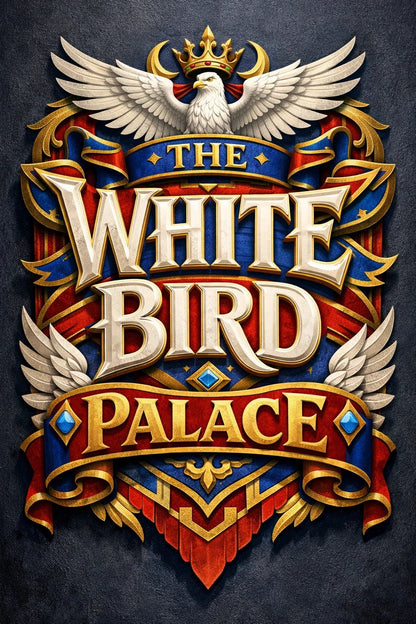 Fantasy-style mythic banner text emblem with ornate crests, gemstones, and heroic typography: The White Bird Palace