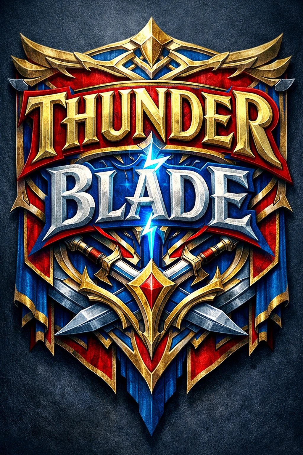 Fantasy-style mythic banner text emblem with ornate crests, gemstones, and heroic typography: Thunder Blade