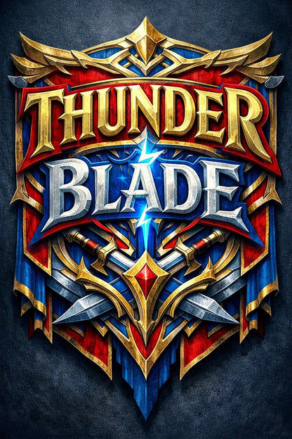 Fantasy-style mythic banner text emblem with ornate crests, gemstones, and heroic typography: Thunder Blade