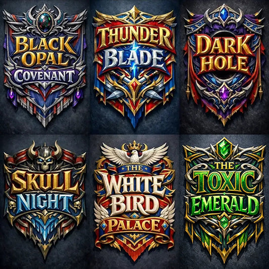 Collage of six Fantasy-style mythic banner text emblems with ornate crests, gemstones, and heroic typography arranged in a grid.