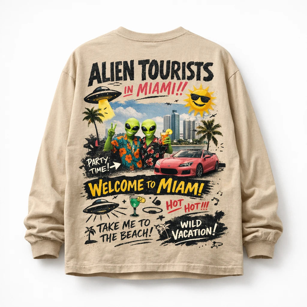 Naive Chaos Longsleeve Shirt Design. Oversized long sleeve back-graphic mockup featuring chaotic mixed-media collage, layered typography, bold icons, and screen-print texture: Alien Tourists in Miami