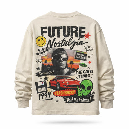 Naive Chaos Longsleeve Shirt Design. Oversized long sleeve back-graphic mockup featuring chaotic mixed-media collage, layered typography, bold icons, and screen-print texture: Future Nostalgia