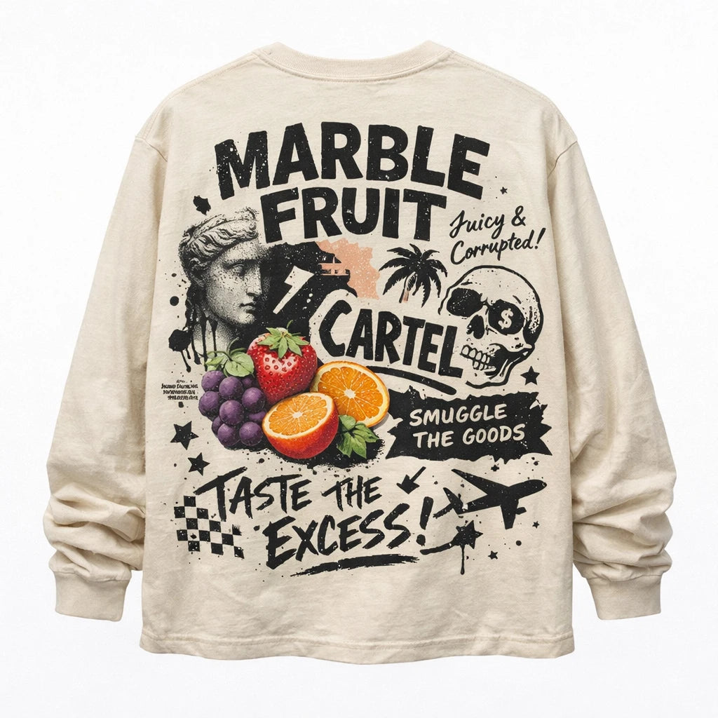 Naive Chaos Longsleeve Shirt Design. Oversized long sleeve back-graphic mockup featuring chaotic mixed-media collage, layered typography, bold icons, and screen-print texture: Marble Fruit