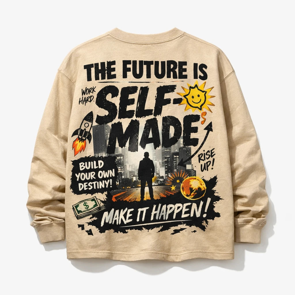 Naive Chaos Longsleeve Shirt Design. Oversized long sleeve back-graphic mockup featuring chaotic mixed-media collage, layered typography, bold icons, and screen-print texture: The Future is SelfMade