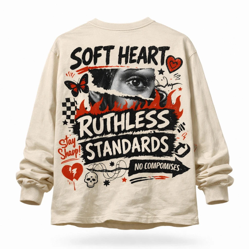 Naive Chaos Longsleeve Shirt Design. Oversized long sleeve back-graphic mockup featuring chaotic mixed-media collage, layered typography, bold icons, and screen-print texture: Soft Heart