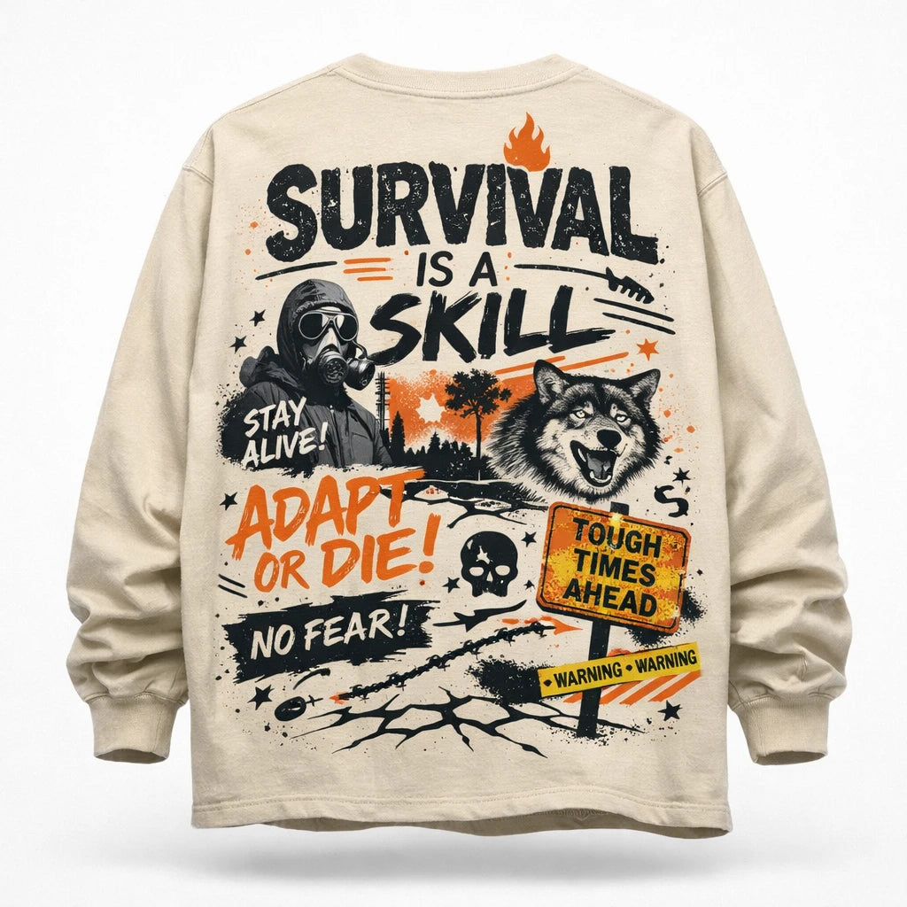 Naive Chaos Longsleeve Shirt Design. Oversized long sleeve back-graphic mockup featuring chaotic mixed-media collage, layered typography, bold icons, and screen-print texture: Survival is a Skill