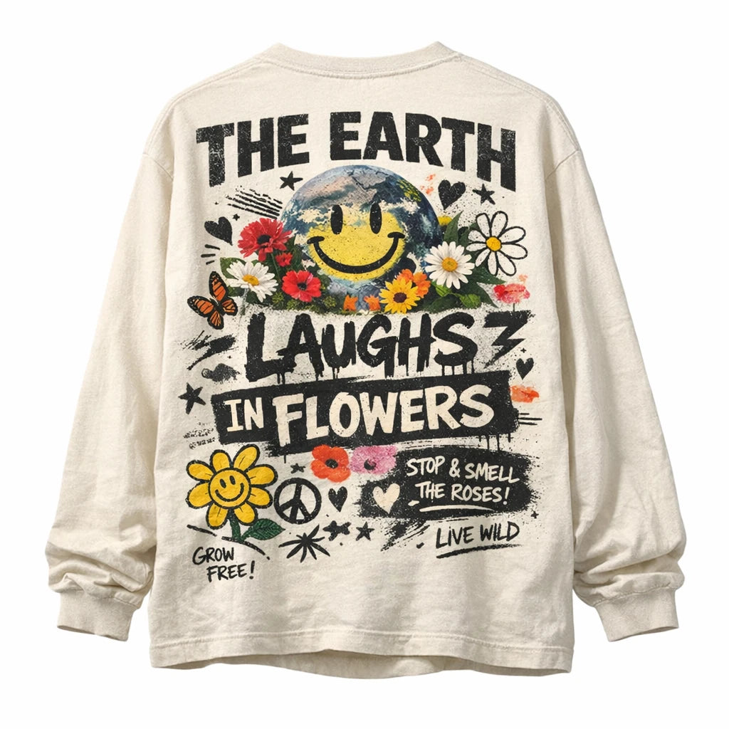 Naive Chaos Longsleeve Shirt Design. Oversized long sleeve back-graphic mockup featuring chaotic mixed-media collage, layered typography, bold icons, and screen-print texture: The Earth Laughs in Flowers