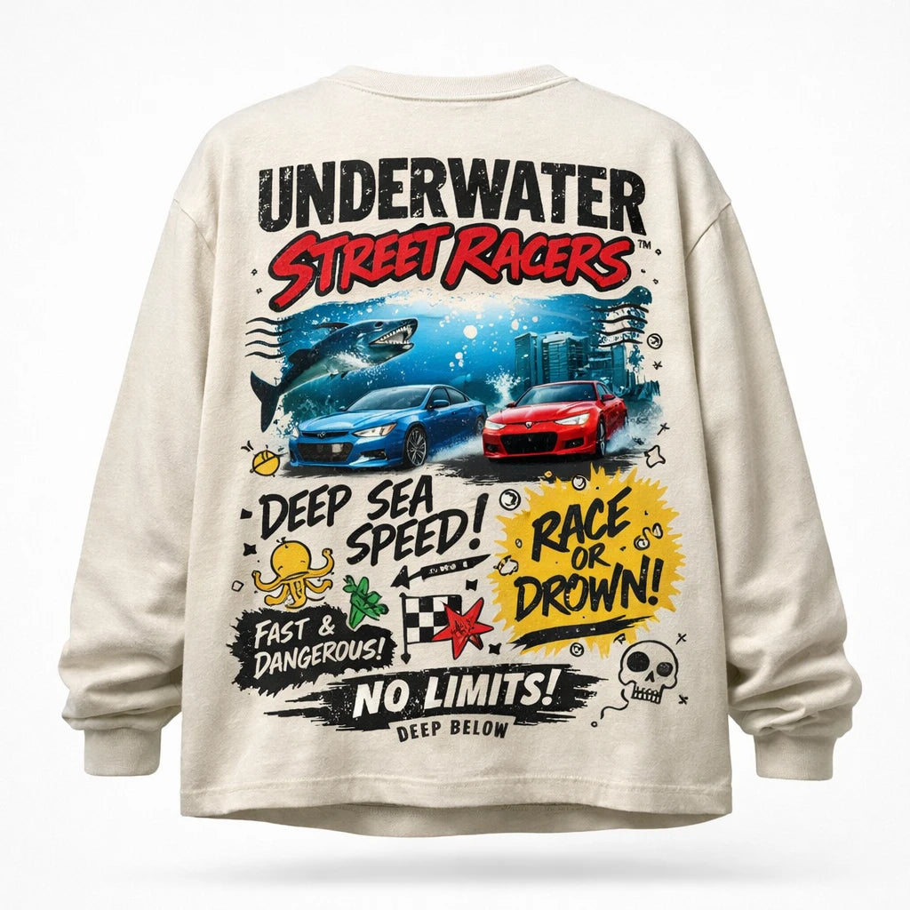 Naive Chaos Longsleeve Shirt Design. Oversized long sleeve back-graphic mockup featuring chaotic mixed-media collage, layered typography, bold icons, and screen-print texture: Underwater Street Racers