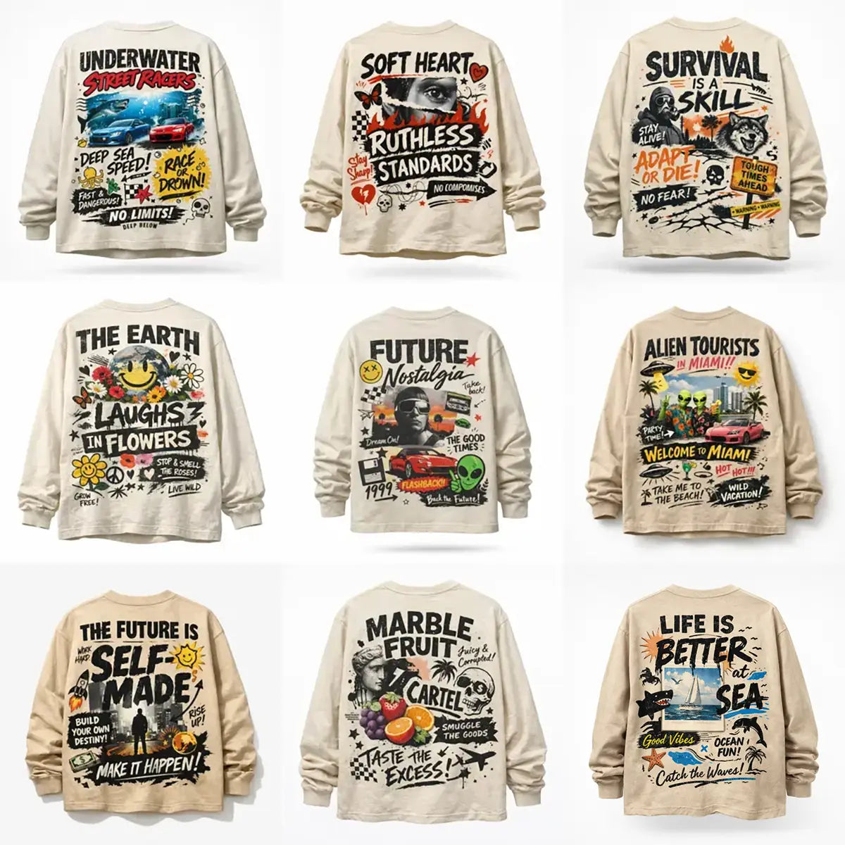 Example output from the Naive Chaos Longsleeve Shirt Designs ChatGPT prompt: oversized long sleeve back-graphic mockups featuring chaotic mixed-media collage, layered typography, bold icons, and screen-print texture.