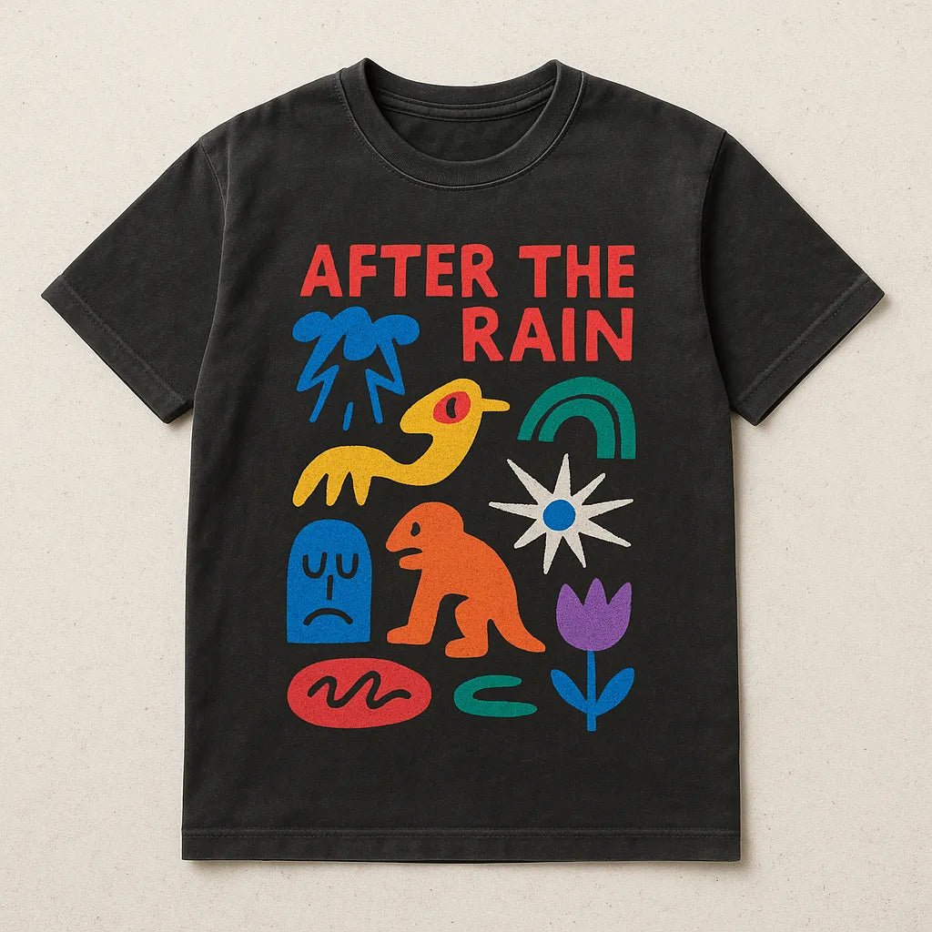 Example output from the Naive Collage T Shirt Designers ChatGPT prompt: abstract cartoon-style t-shirt graphics on washed-black tees, featuring symbolic collage art, bright color palettes, and expressive character-based designs. After The Rain.