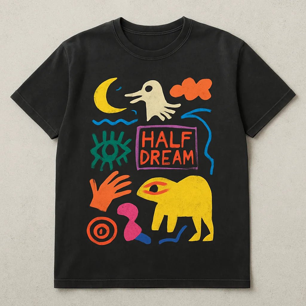 Example output from the Naive Collage T Shirt Designers ChatGPT prompt: abstract cartoon-style t-shirt graphics on washed-black tees, featuring symbolic collage art, bright color palettes, and expressive character-based designs. Half Dream.
