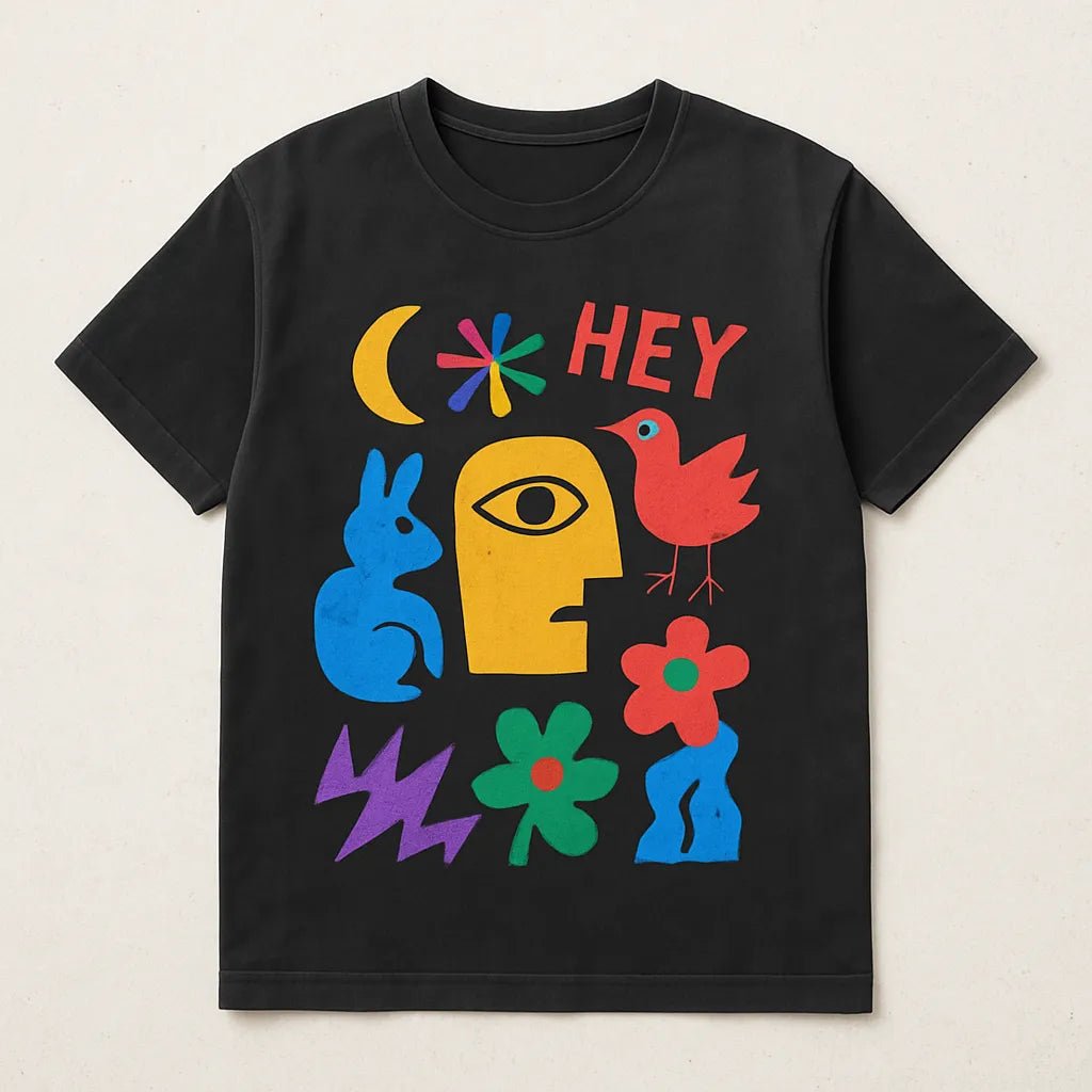 Example output from the Naive Collage T Shirt Designers ChatGPT prompt: abstract cartoon-style t-shirt graphics on washed-black tees, featuring symbolic collage art, bright color palettes, and expressive character-based designs. Hey.