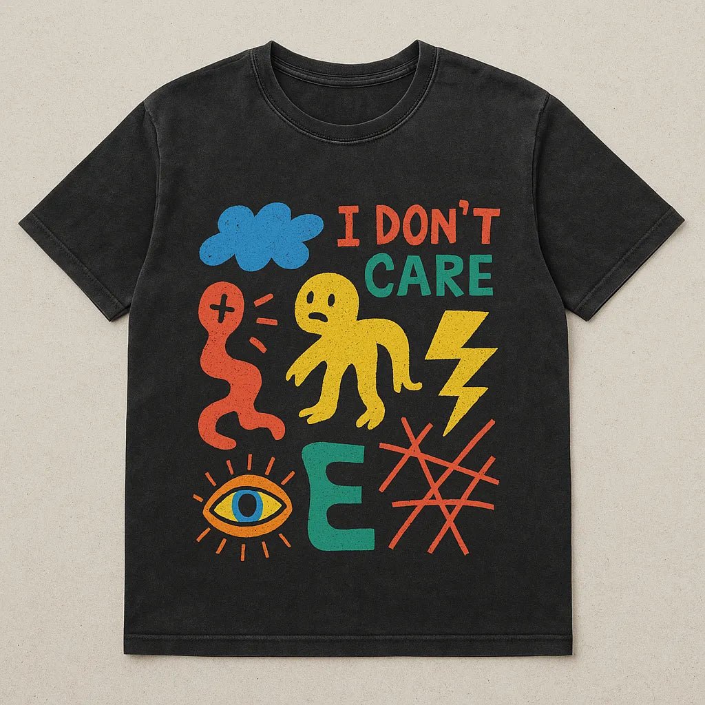 Example output from the Naive Collage T Shirt Designers ChatGPT prompt: abstract cartoon-style t-shirt graphics on washed-black tees, featuring symbolic collage art, bright color palettes, and expressive character-based designs. I don't care.
