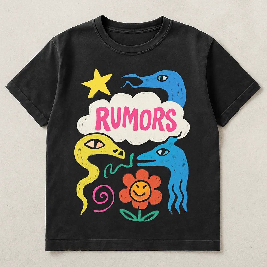 Example output from the Naive Collage T Shirt Designers ChatGPT prompt: abstract cartoon-style t-shirt graphics on washed-black tees, featuring symbolic collage art, bright color palettes, and expressive character-based designs. Rumors.