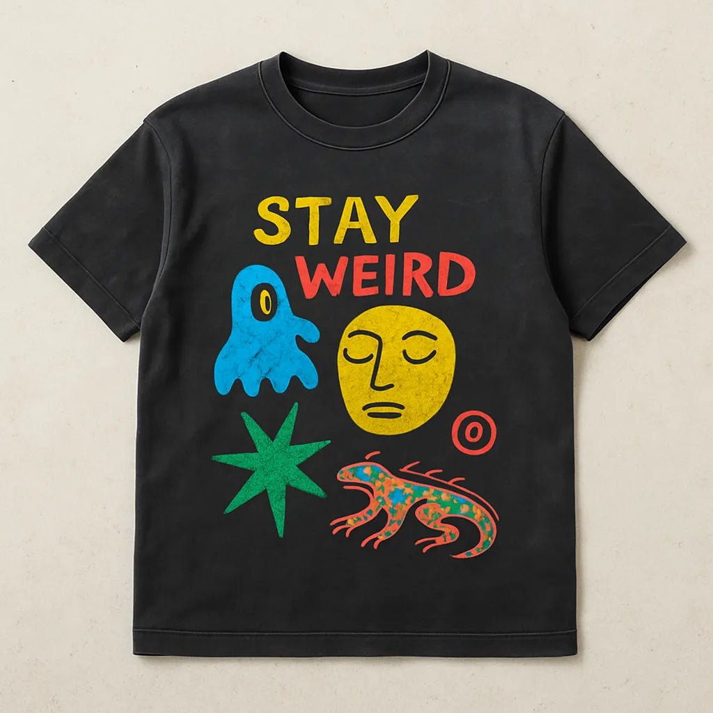 Example output from the Naive Collage T Shirt Designers ChatGPT prompt: abstract cartoon-style t-shirt graphics on washed-black tees, featuring symbolic collage art, bright color palettes, and expressive character-based designs. Stay Weird.