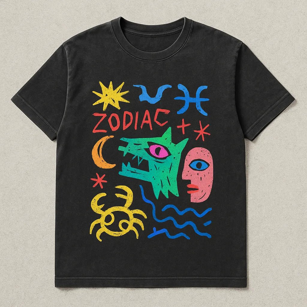 Example output from the Naive Collage T Shirt Designers ChatGPT prompt: abstract cartoon-style t-shirt graphics on washed-black tees, featuring symbolic collage art, bright color palettes, and expressive character-based designs. Zodiac.