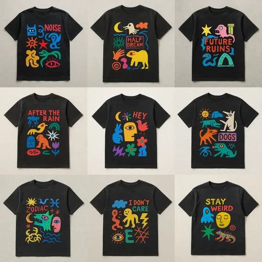 Example output from the Naive Collage T Shirt Designers ChatGPT prompt: abstract cartoon-style t-shirt graphics on washed-black tees, featuring symbolic collage art, bright color palettes, and expressive character-based designs.