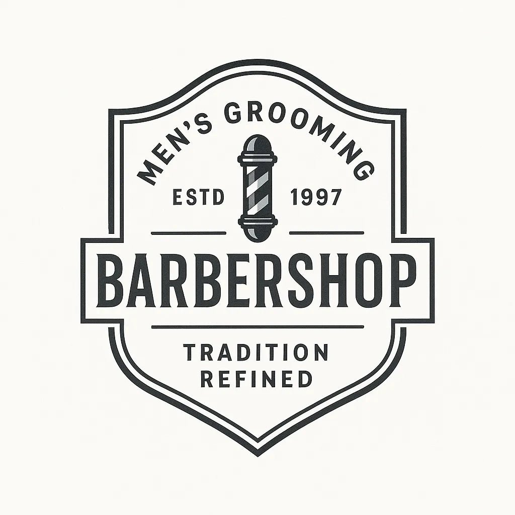 Example output of nine neo-vintage emblem badge logos generated by a ChatGPT prompt template. Barbershop.