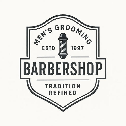 Example output of nine neo-vintage emblem badge logos generated by a ChatGPT prompt template. Barbershop.