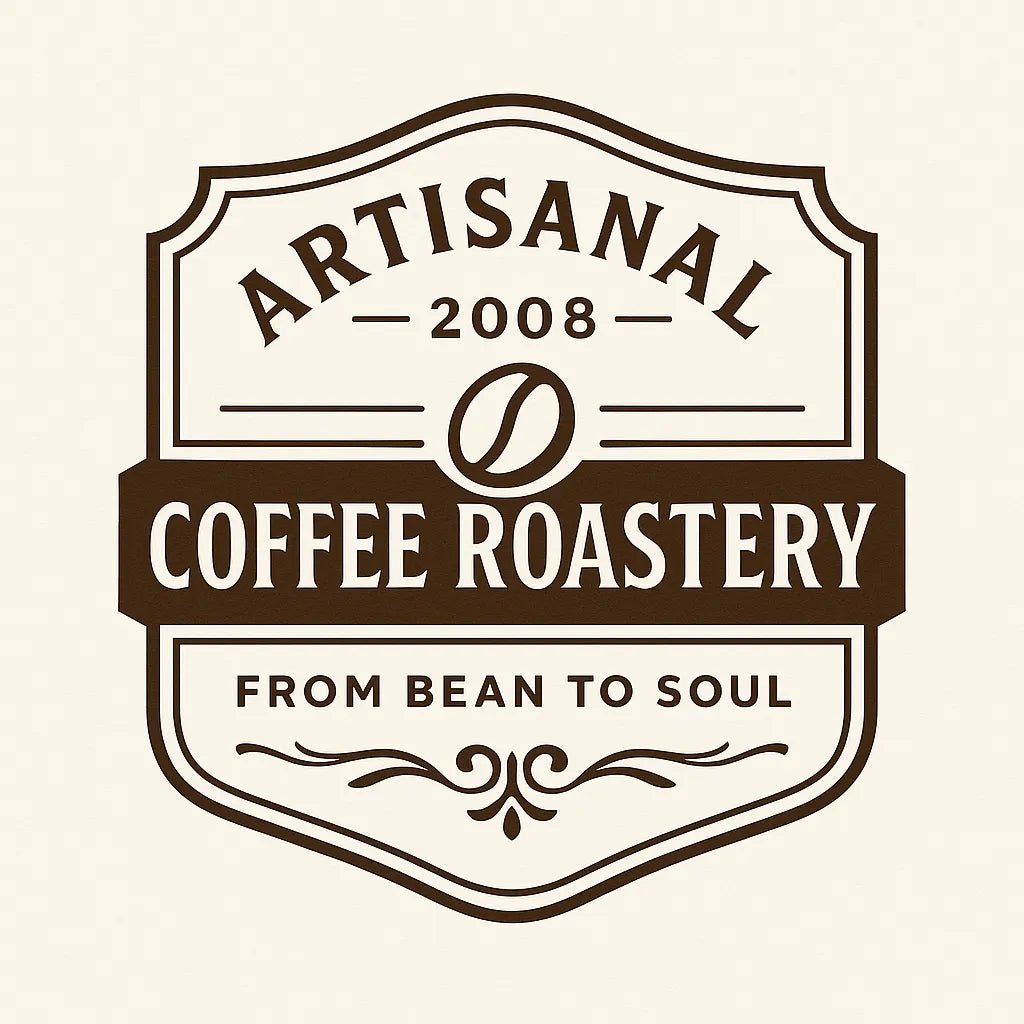 Example output of nine neo-vintage emblem badge logos generated by a ChatGPT prompt template. Artisanal Coffee Roastery.