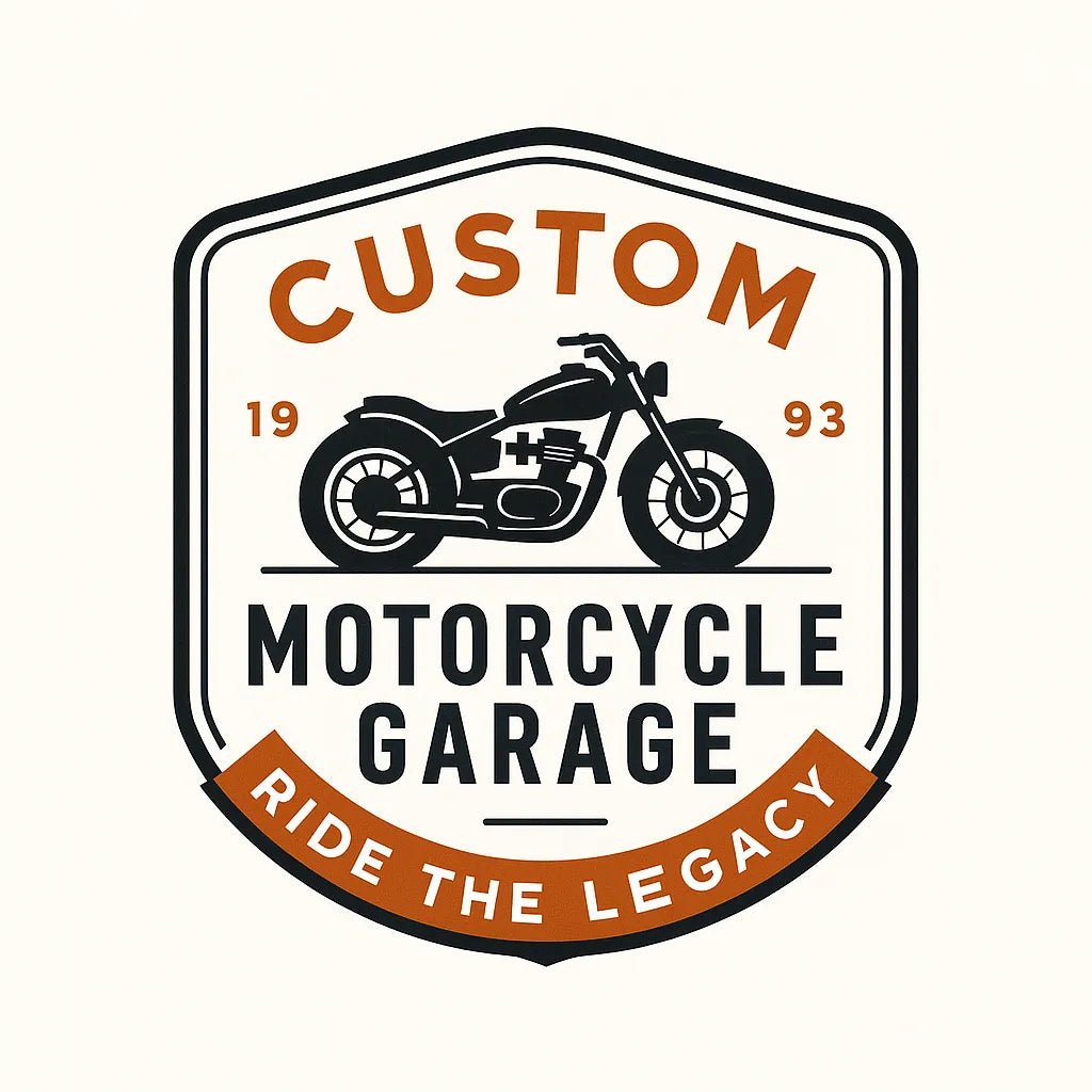 Example output of nine neo-vintage emblem badge logos generated by a ChatGPT prompt template. Motorcycle Garage.