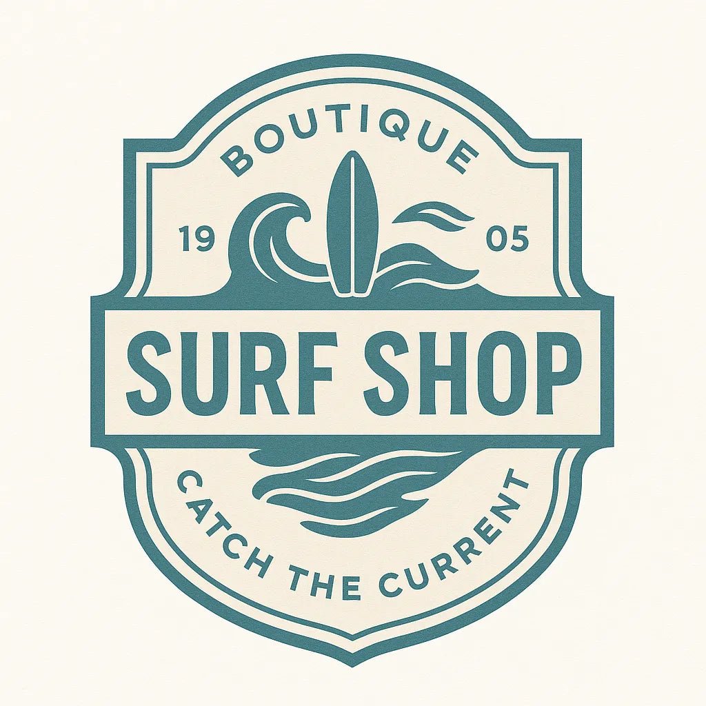 Example output of nine neo-vintage emblem badge logos generated by a ChatGPT prompt template. Surf Shop.