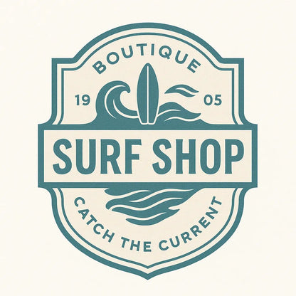 Example output of nine neo-vintage emblem badge logos generated by a ChatGPT prompt template. Surf Shop.