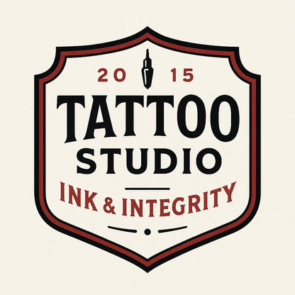Example output of nine neo-vintage emblem badge logos generated by a ChatGPT prompt template. Tattoo Studio.