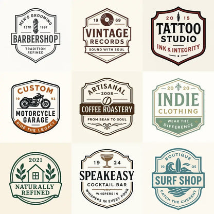 Example output of nine neo-vintage emblem badge logos generated by a ChatGPT prompt template, showcasing retro-inspired shield and banner designs with customizable founding year, motto, business type, and muted color palettes on a light background.