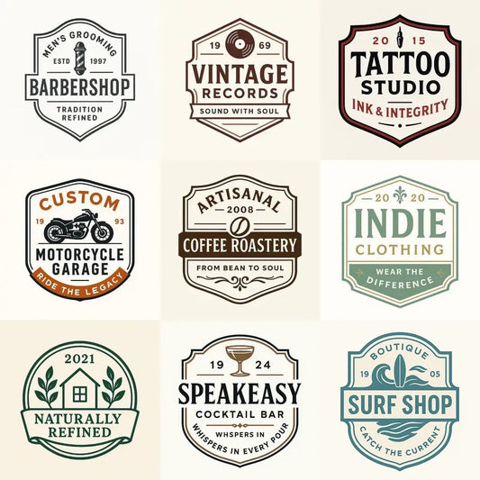 Example output of nine neo-vintage emblem badge logos generated by a ChatGPT prompt template, showcasing retro-inspired shield and banner designs with customizable founding year, motto, business type, and muted color palettes on a light background.