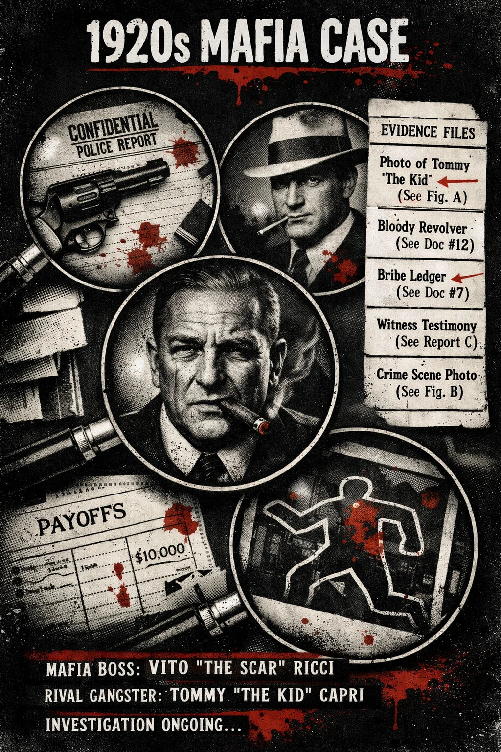 Example output from the Noir Dossier Infographic Designs ChatGPT prompt: a 1920s Mafia Case dossier with magnifier portraits, a revolver, payoff ledger, crime scene outline and red-accented evidence file list.