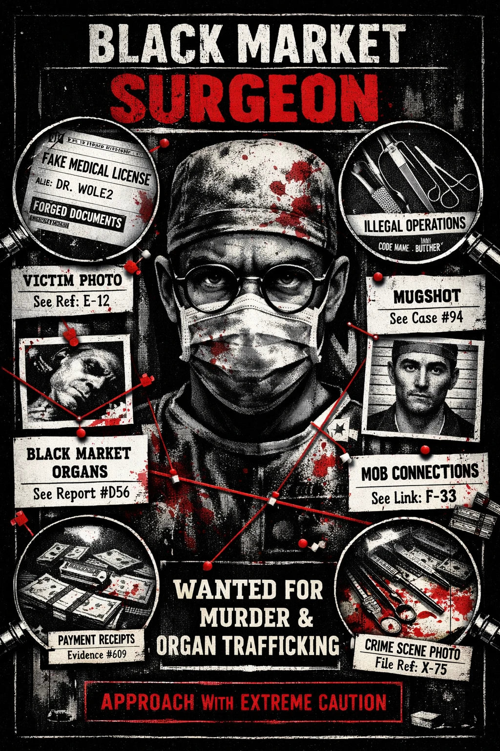 Example output from the Noir Dossier Infographic Designs ChatGPT prompt: a Black Market Surgeon dossier with a masked surgeon portrait, mugshot, forged documents and a wanted for murder banner.