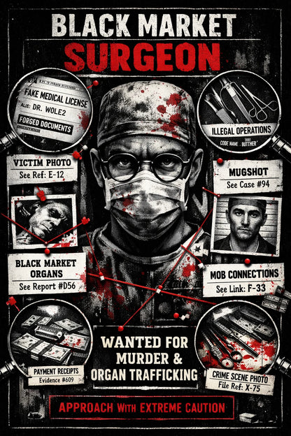 Example output from the Noir Dossier Infographic Designs ChatGPT prompt: a Black Market Surgeon dossier with a masked surgeon portrait, mugshot, forged documents and a wanted for murder banner.