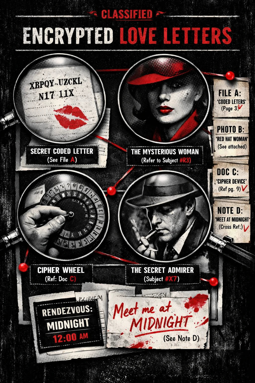 Example output from the Noir Dossier Infographic Designs ChatGPT prompt: an Encrypted Love Letters dossier in cinematic noir style with magnifier portraits, evidence cards and red accents on gritty black.