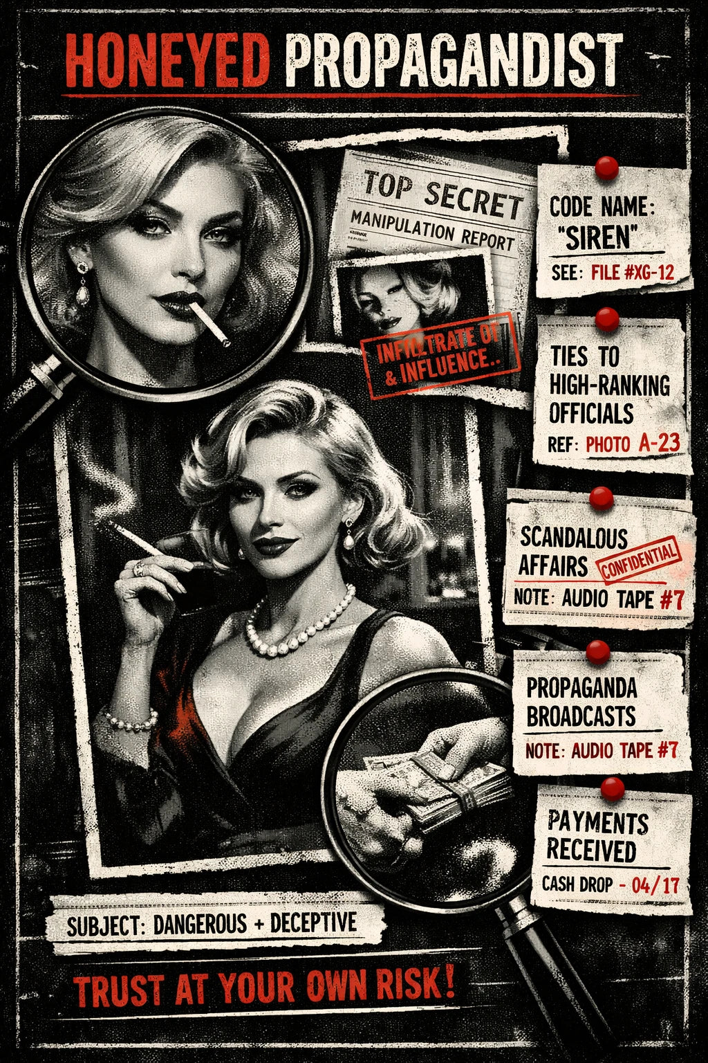 Example output from the Noir Dossier Infographic Designs ChatGPT prompt: a Honeyed Propagandist dossier with two femme fatale portraits, a top secret manipulation report and payment records.