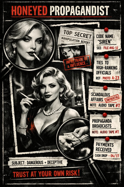 Example output from the Noir Dossier Infographic Designs ChatGPT prompt: a Honeyed Propagandist dossier with two femme fatale portraits, a top secret manipulation report and payment records.