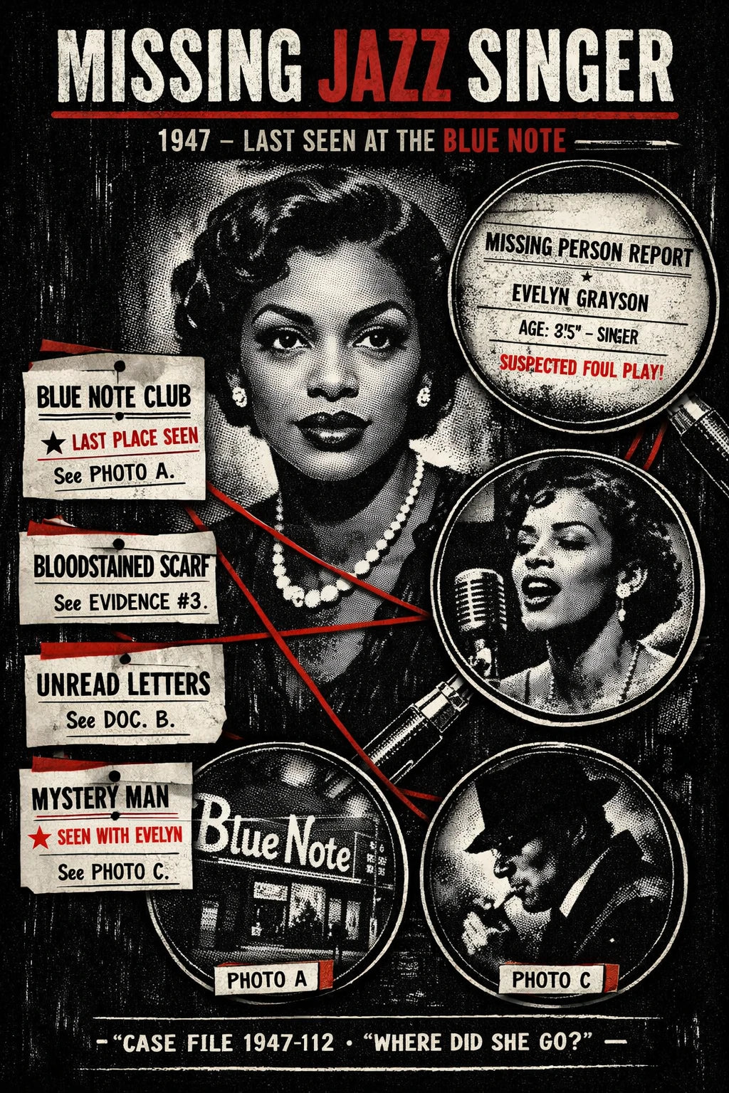 Example output from the Noir Dossier Infographic Designs ChatGPT prompt: a Missing Jazz Singer dossier in cinematic noir style with magnifier portraits, evidence cards and red accents on gritty black.