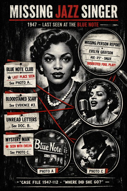 Example output from the Noir Dossier Infographic Designs ChatGPT prompt: a Missing Jazz Singer dossier in cinematic noir style with magnifier portraits, evidence cards and red accents on gritty black.