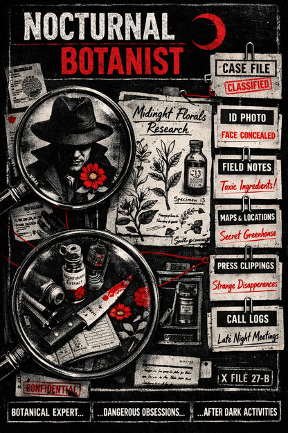 Example output from the Noir Dossier Infographic Designs ChatGPT prompt: a Nocturnal Botanist dossier with a hatted figure, midnight florals research notes, toxic ingredients and classified case file tabs.
