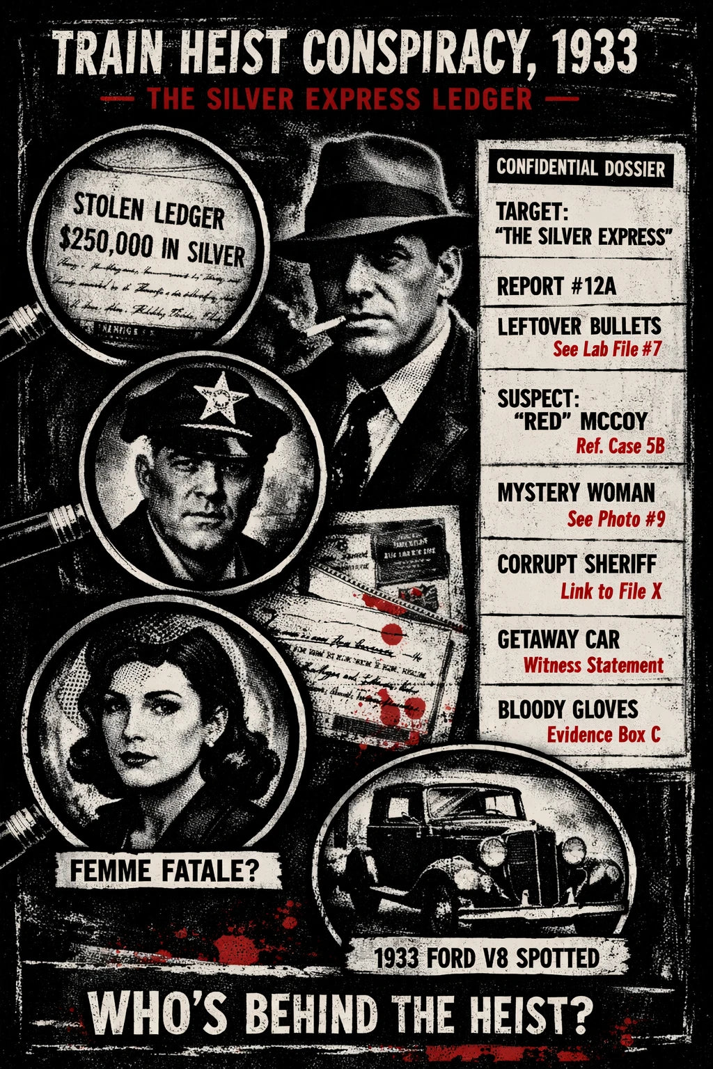 Example output from the Noir Dossier Infographic Designs ChatGPT prompt: a Train Heist Conspiracy 1933 dossier with a stolen silver ledger, suspect portraits, a vintage Ford and a confidential dossier list.