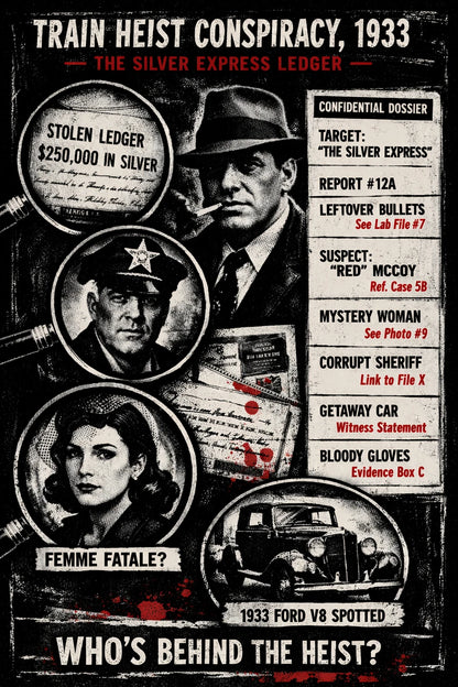 Example output from the Noir Dossier Infographic Designs ChatGPT prompt: a Train Heist Conspiracy 1933 dossier with a stolen silver ledger, suspect portraits, a vintage Ford and a confidential dossier list.