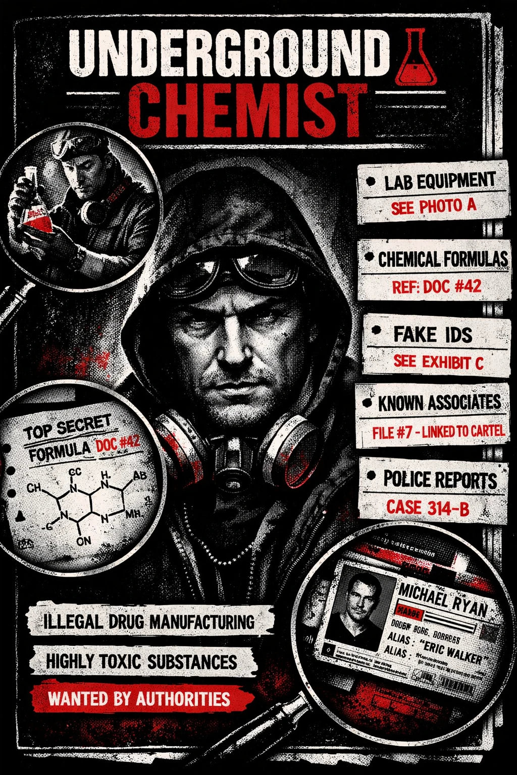 Example output from the Noir Dossier Infographic Designs ChatGPT prompt: an Underground Chemist dossier with a hooded figure in a respirator, chemical formula sheet, fake IDs and police report cards.