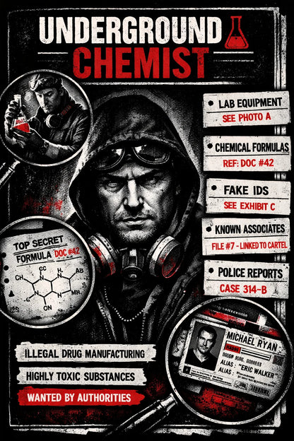 Example output from the Noir Dossier Infographic Designs ChatGPT prompt: an Underground Chemist dossier with a hooded figure in a respirator, chemical formula sheet, fake IDs and police report cards.