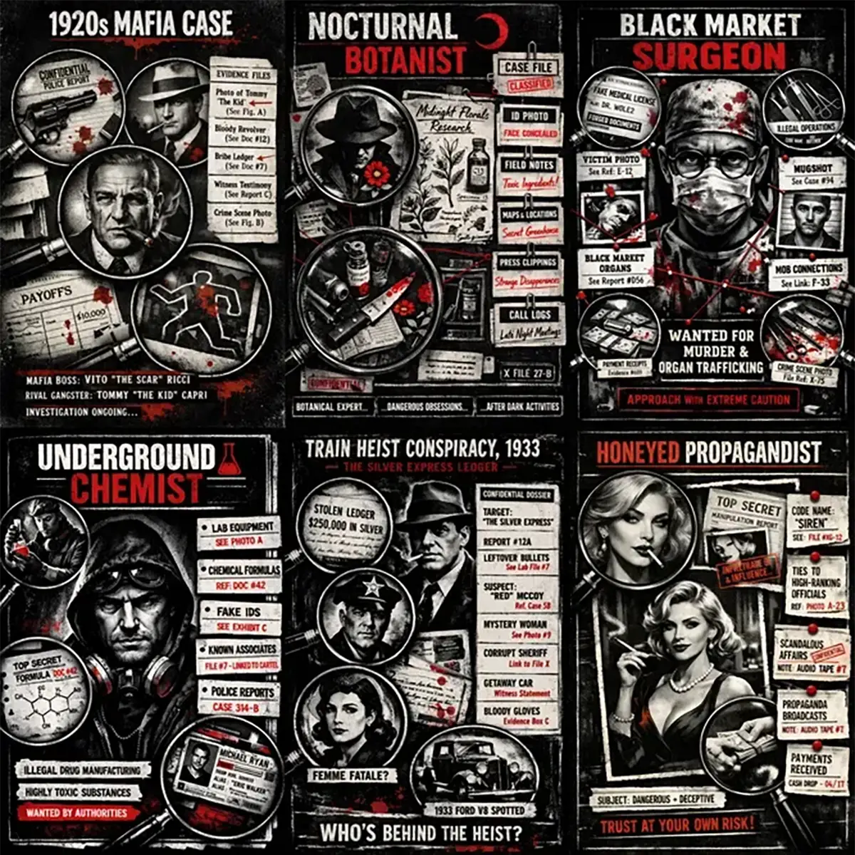 Example output from the Noir Dossier Infographic Designs ChatGPT prompt: a six-panel grid of gritty black, white and red detective dossier layouts with magnifier portraits, evidence cards and red string, covering a 1920s mafia case, nocturnal botanist, black market surgeon, underground chemist, train heist conspiracy and honeyed propagandist.
