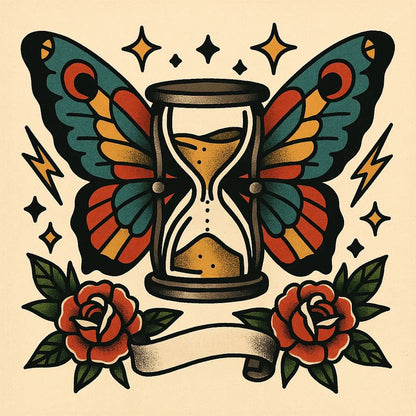 Example output from the Old School Tattoo Art ChatGPT prompt: vintage tattoo flash sheet. Clock.